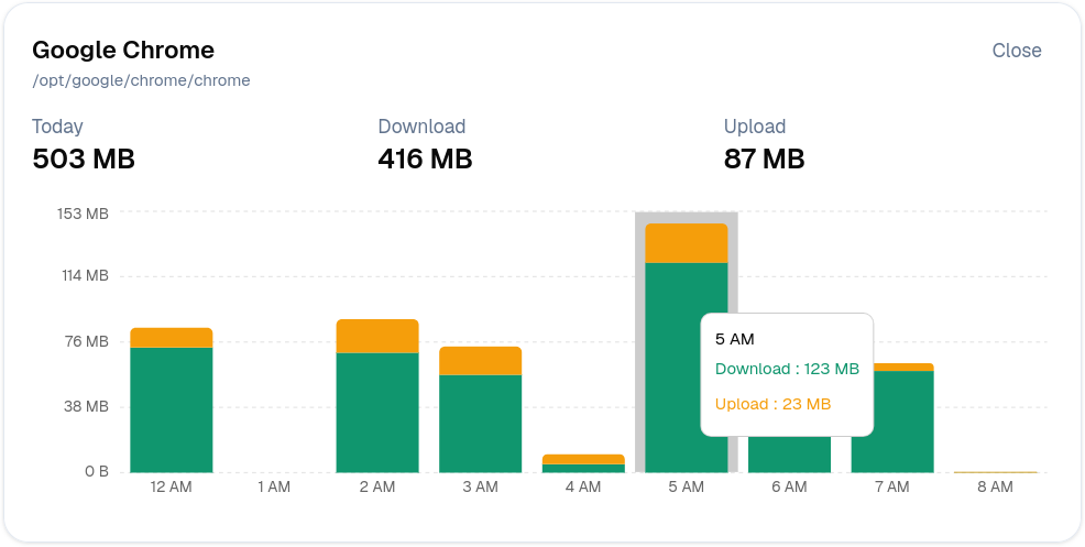 Google Chrome detail: 503 MB today with an hourly download and upload chart