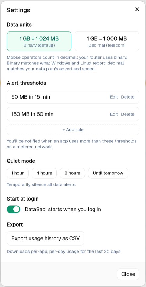 Settings: alert thresholds of 50 MB in 15 min and 150 MB in 60 min